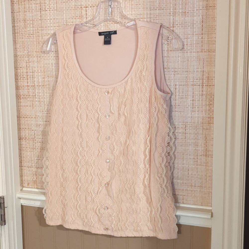 August Silk Blush Pleated Lace Ruffle Sleeveless Scoop Neck Tank Women's Size M